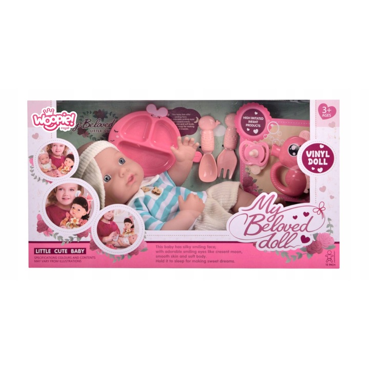 Set papusa bebelus Woopie Royal 30 cm, vinyl cu accesorii pentru ingrijire (farfurie, tacamuri, suzeta, rucsac), roz