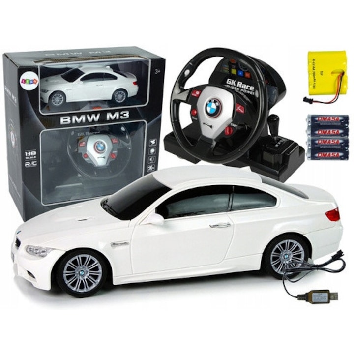 LEAN Toys BMW M3 távirányítós autó (VFIGX4YC), 1:18 méretarány, 2,4 GHz-es kormánykerék típusú távirányító, első/hátsó lámpák, hang, 4,8 V 700 mAh akkumulátor mellékelve, fehér, 23 x 10 x 7 cm