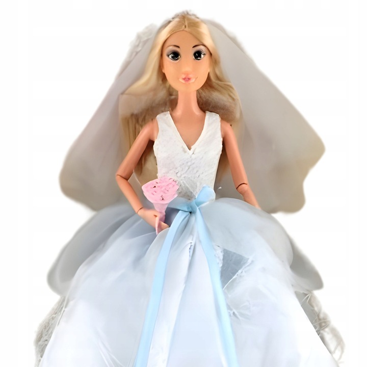 Papusa Woopie Lily Panna Mloda MZE3JTL31OPH, rochie de mireasa din tul cu dantela, voal, buchet in forma de inima si tort, alb cu accente bleu