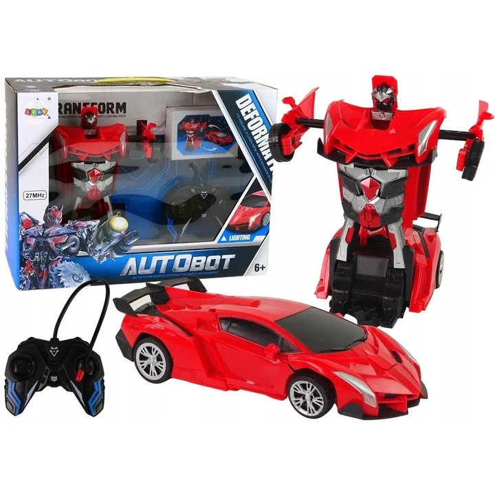 Робот кола RC LEAN Toys ZAWCFDV9 2в1 трансформираща се, с дистанционно управление, LED и звук, функция дрифт и въртене на 360°, презареждаема USB, червена