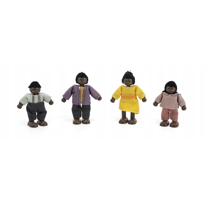 Set de 4 papusi din lemn Viga 44255, familie cu membre mobile si imbracaminte textila, ton maro inchis, 3+ ani