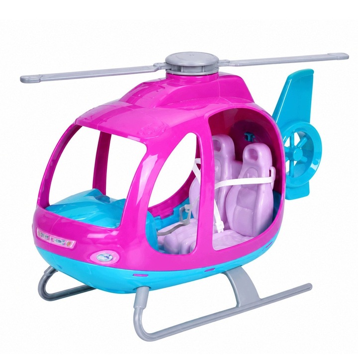 Set papusa cu elicopter LeanToys 552L3ZJR0RW, elicopter mare cu elice rotativa si cabina deschisa, papusa 30 cm, roz/turcoaz