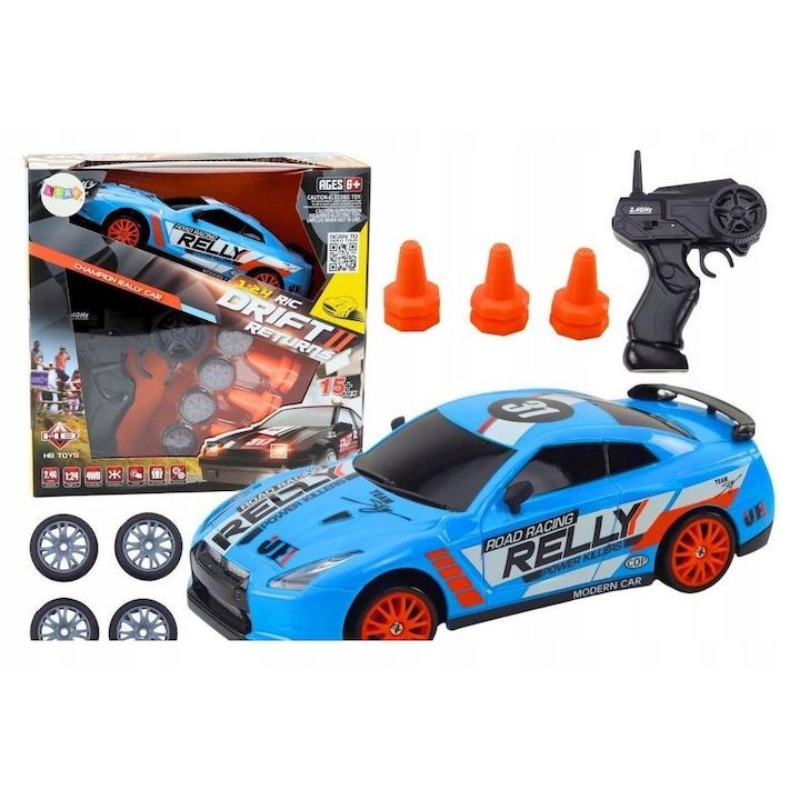 LEAN Toys R/C 1:24 Drift távirányítós autó, 2.4 GHz, cserélhető kerekek, 6 kúp, 3.7V akkumulátor mellékelve, kék, 18 cm