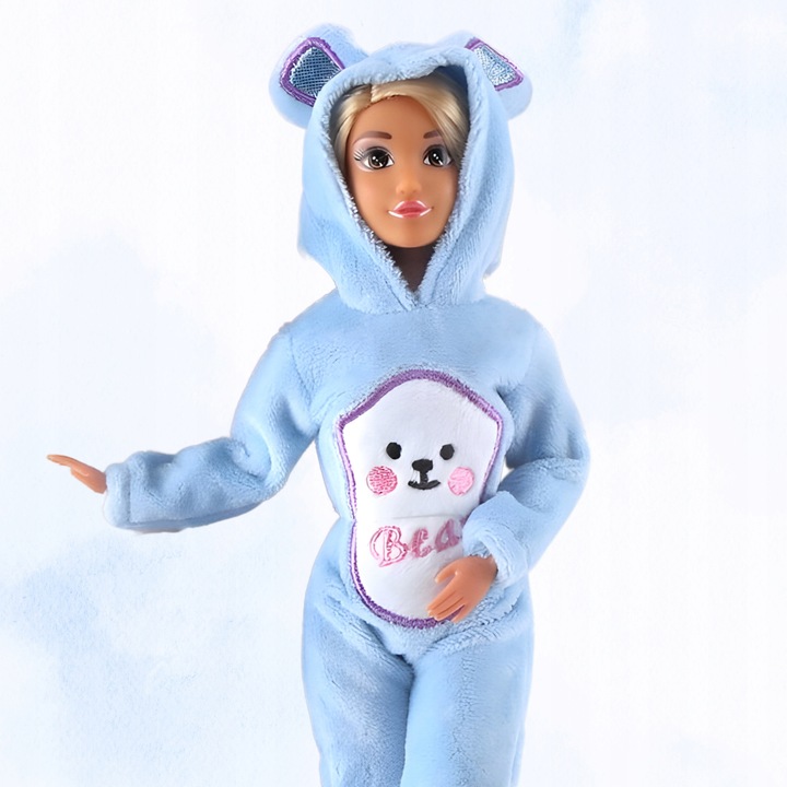 Set de 2 papusi Woopie Royal O02BTSLE1, papusi mama si copil in combinezoane plusate cu gluga si urechi (Animal Jumpsuits), albastru, 3+ ani