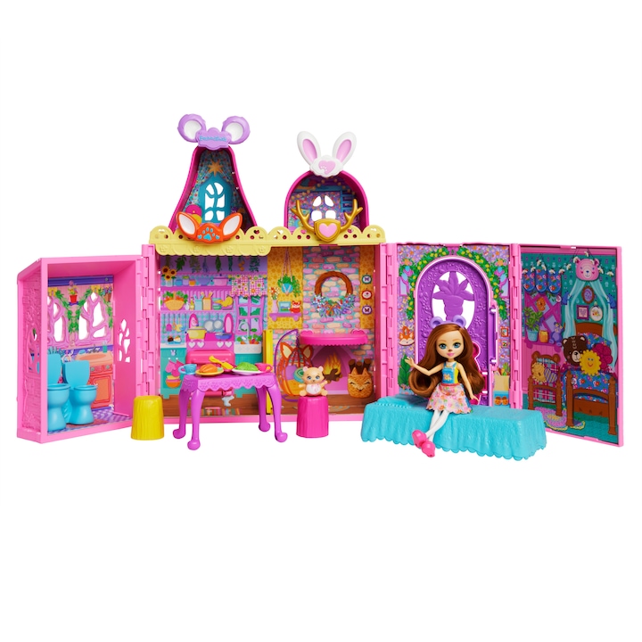 Casa de papusi Enchantimals Domek Przyjazni (HLX53), transformabila, 7 zone de joaca, include papusa si animal, 24 accesorii, roz, 76 cm deschisa