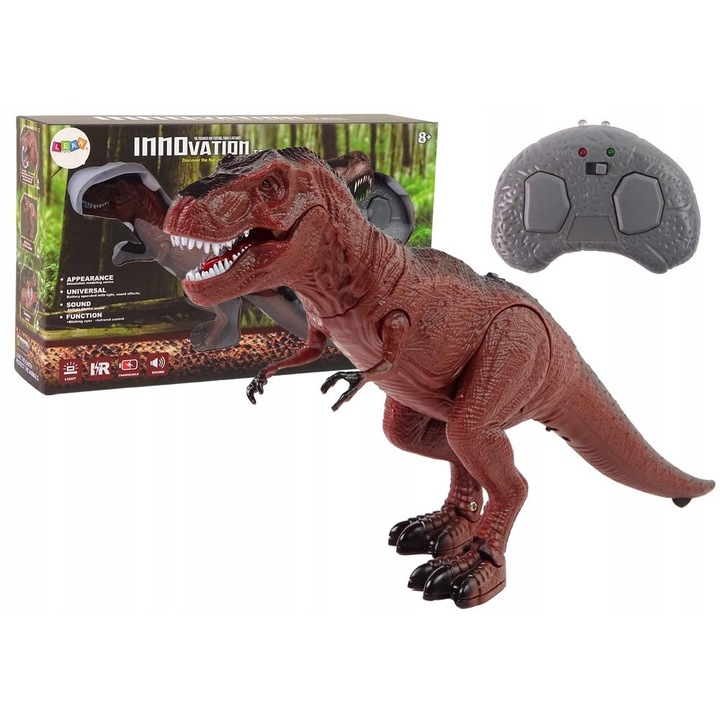Динозавър с дистанционно управление LEAN Toys M649GQFQRAOH7, T-Rex с инфрачервено дистанционно управление, LED светлини и звуци, червеникаво-кафяв, 26 x 7 x 14 см
