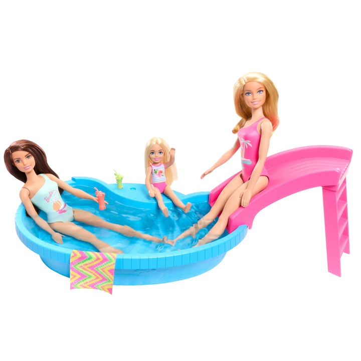 Set papusa Barbie XA2JZW174, cu bazin si tobogan, accesorii incluse, roz/albastru, 3+ ani