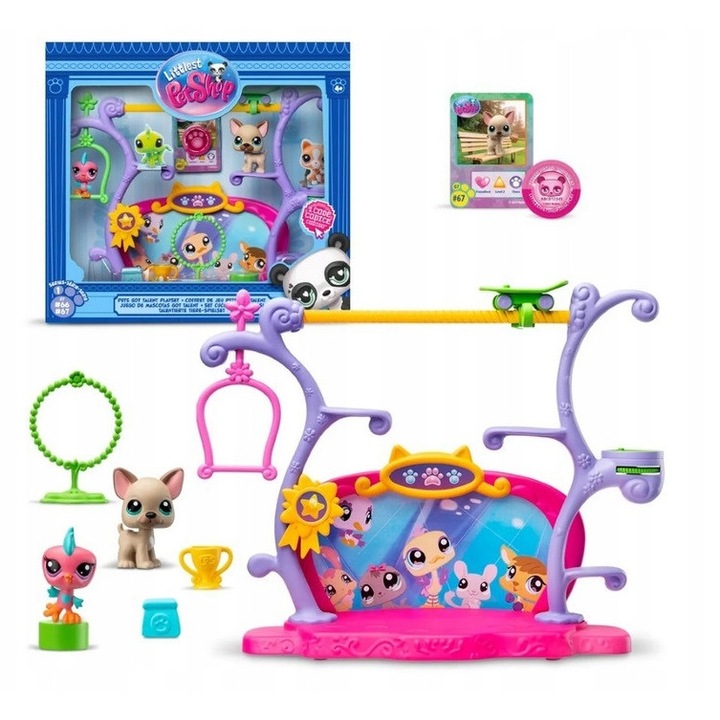 Комплект за игра Hasbro Littlest Pet Shop LPS 00558 Got Talent, сцена с въртяща се платформа, прът, рампа, трофей и аксесоари, 2 фигурки, многоцветен
