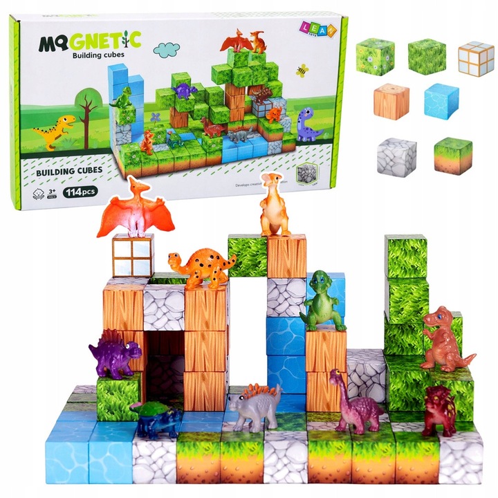Set de cuburi magnetice de constructie Lean Toys WAV027UEOVK7BT, cu tematica dinozauri, 114 piese, cuburi cu imprimeuri (iarba, apa, piatra, lemn) si figurine, multicolor