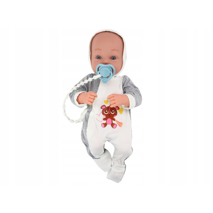 Papusa bebelus LEAN Toys GL3DRPJNE, cu suzeta, paturica si body, brate si picioare articulare, alb/gri, 35 cm