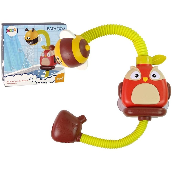 Játék fürdőbe LEAN Toys ZFDV2BNRGRJ59C, bagoly méhecske alakú zuhanyzóval, tapadókorongokkal és zenével, 4x AA elemmel, 18+ hónapos kortól, EN71, többszínű, 13 x 15 x 68 cm