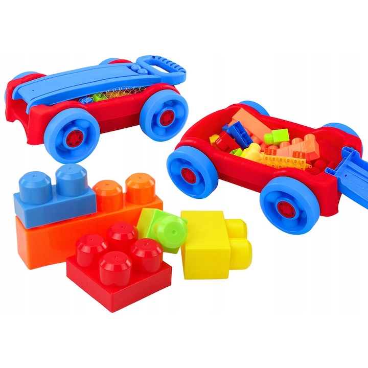 LEAN Toys GNK4P383T899W kerekes kocsis építőkocka készlet, színes műanyag építőkockák, piros/kék, kocsi 43 x 29,5 x 14 cm, 3+ éveseknek