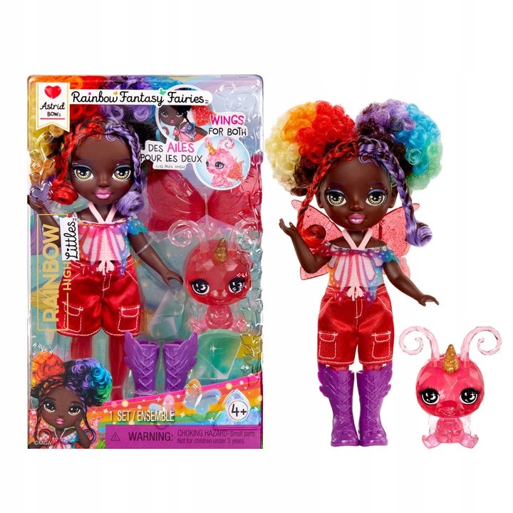 Papusa MGA Rainbow High Littles Astrid Rainbow Fantasy Fairies, aripi detasabile si animal de companie unicorn, 14 cm, multicolor