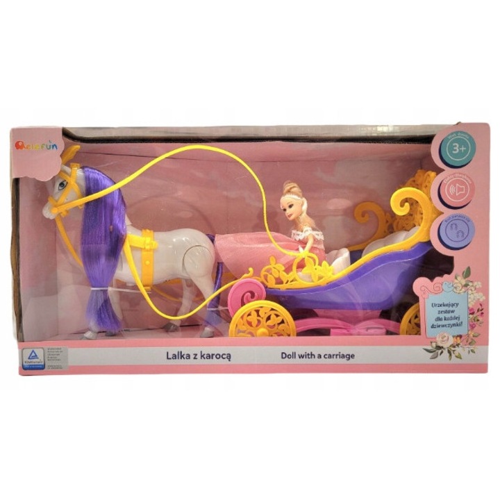 Set papusa cu caruta Elefun 6DY3MCF8HTIVX, cal care se misca si emite sunete, rochie detasabila, par de coafat, multicolor