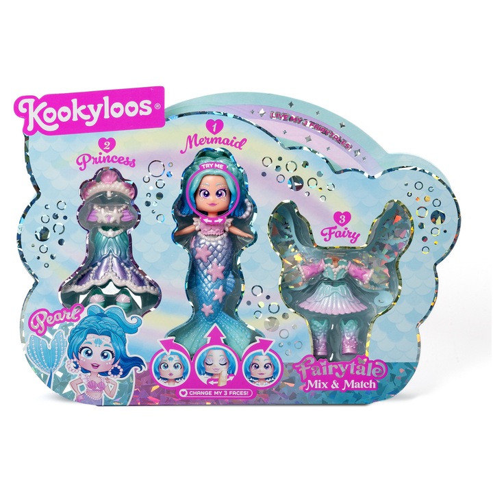 Set papusa KookyLoos Princess Pearl Mix & Match F6IAE1WL, papusa sirena cu 3 fete schimbabile, 3 tinute, 2 perechi de pantofi si bentita, multicolor