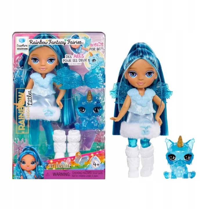 Papusa Rainbow High MGA Littles Fantasy Fairies Sapphire Bradshaw (543428), aripi detasabile, picioare transparente, animalut albastru, 15 cm