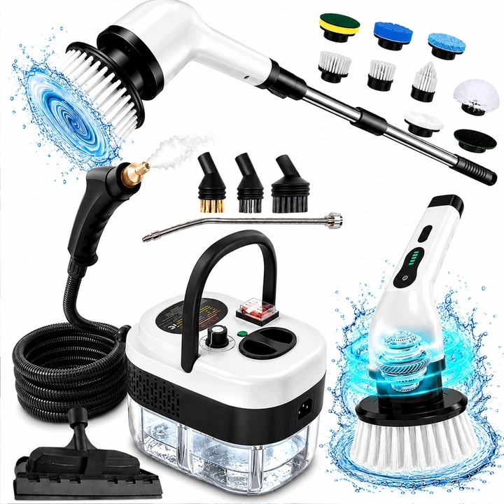 Set aparat de curatat cu abur si perie rotativa electrica U3E4BZ5ULXL, 2-in-1, aparat cu abur 2500W, perie rotativa 9 in 1 fara fir, alb/negru