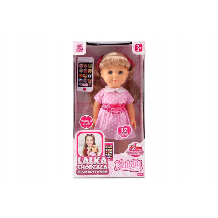 Papusa Artyk Natalia Collection interactiva, vorbeste in poloneza si engleza, merge singura, cu smartphone jucarie, roz, 41 cm