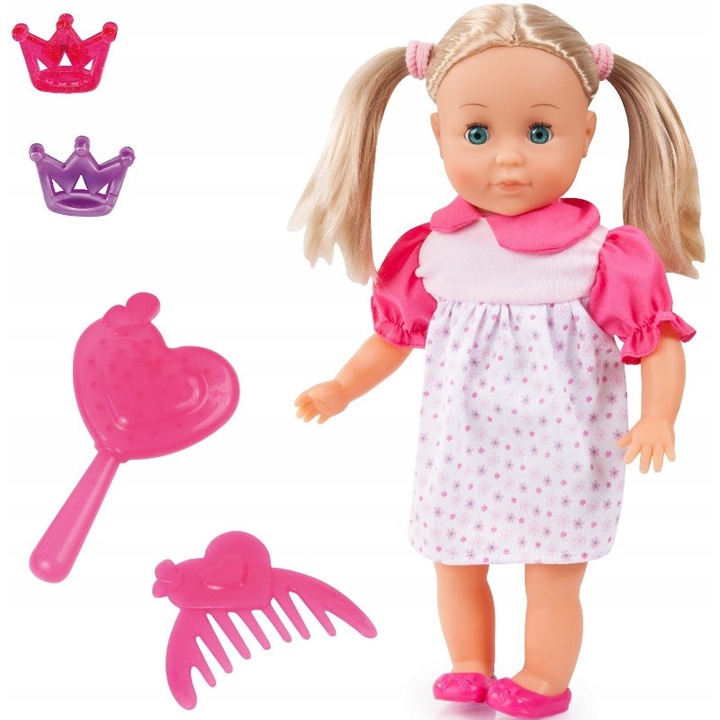Papusa Bayer Design Anna Little Love 93335AT, vorbeste si canta in poloneza (100 fraze), corp moale, ochii se inchid, 33 cm, roz/alb, set cu perie, agrafe si pantofi, baterii incluse