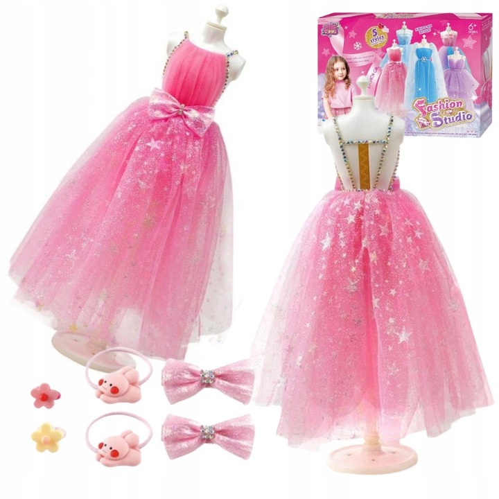 Set creatie haine pentru papusi din tul cu manechin, peste 100 piese, fara cusut, roz