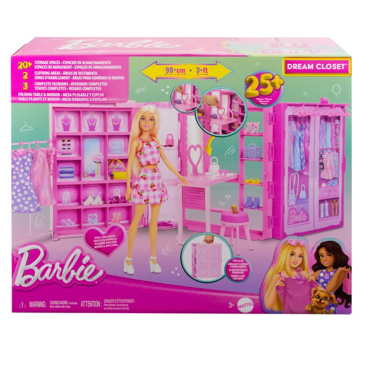 Set jucarie Barbie Dream Closet VZU11FMTDMEXD, dulap de moda pliabil de peste 90 cm cu papusa si accesorii, 25+ piese (3 tinute, 5 perechi de pantofi, hainute, catel), roz