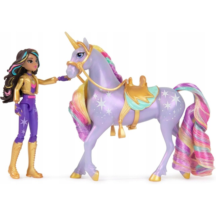 Set jucarie papusa si unicorn Unicorn Academy Sophia si Wildstar, papusa articulata 11 cm cu 7 puncte de articulatie, unicorn 13 cm cu coama si coada colorata, sa si uzda detasabile, multicolor