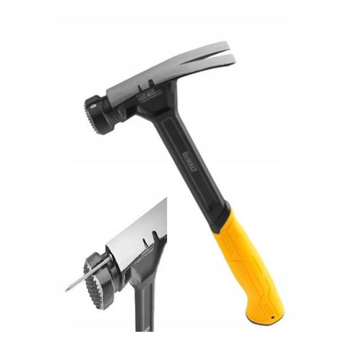 Ciocan de dulgher DeWalt DWHT51138-0, otel monobloc, 570 g, fata neteda cu pazur dublu, suport magnetic pentru cuie, extractor integrat, maner antiderapant galben/ negru