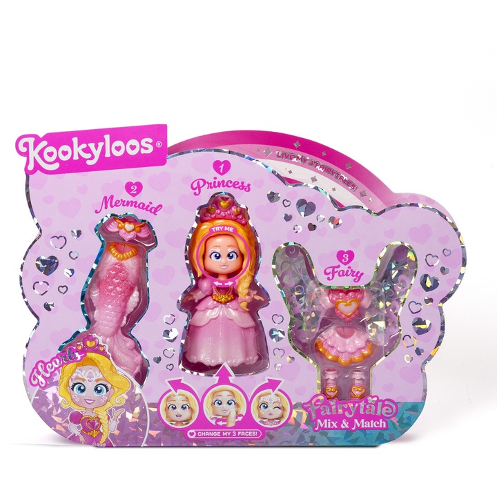 Papusa KookyLoos Fairytale Mix & Match YNCYTJ8B, set cu 3 costume, 2 perechi de pantofi si bentita, roz