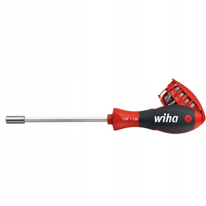 Wiha 32901 bitmagazinos csavarhúzó, SoftFinish markolat, 1/4" mágnes, 8 db 25 mm-es bit (1x6,5; PH1; PH2; PH3; PZ2; T15; T20; T25), piros/fekete