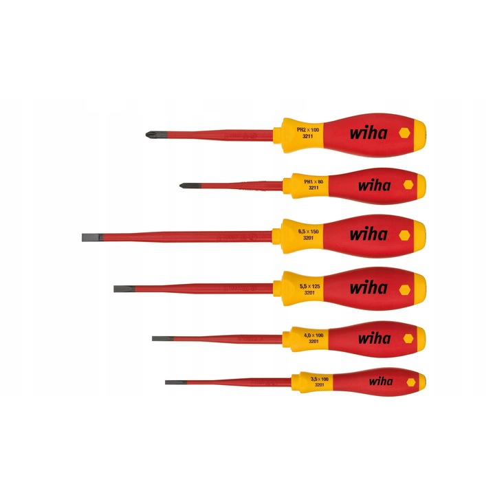 6 db Wiha SoftFinish electric slimFix szigetelt csavarhúzó készlet (PZ1, PZ2, lapos 3,5/4,0/5,5/6,5 mm), 10.000 V AC-ig tesztelve, 1.000 V AC-ig használható, az IEC 60900 szabvány szerint, piros/sárga