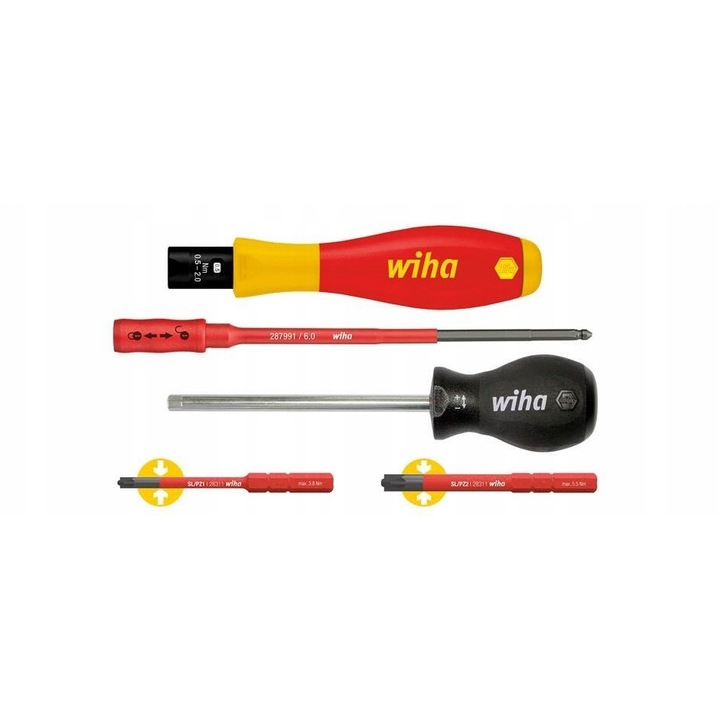 Wiha 38074 TorqueVario-S dinamometrikus csavarhúzó készlet, állítható nyomaték 0,8–5,0 Nm, VDE, tartalmazza a slimBit SL/PZ1 és SL/PZ2 75 mm-es biteket, 150/170 mm-es markolat, többszínű