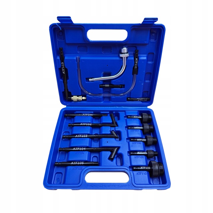 Pompa pentru schimb ulei cutii de viteze automate Falon-Tech M1LPHQ0202, rezervor 10 L, kit cu manometru si supapa de siguranta, furtun 200 cm si tub nylon 8x10 mm, set adaptoare ATF101–ATF115, albastru
