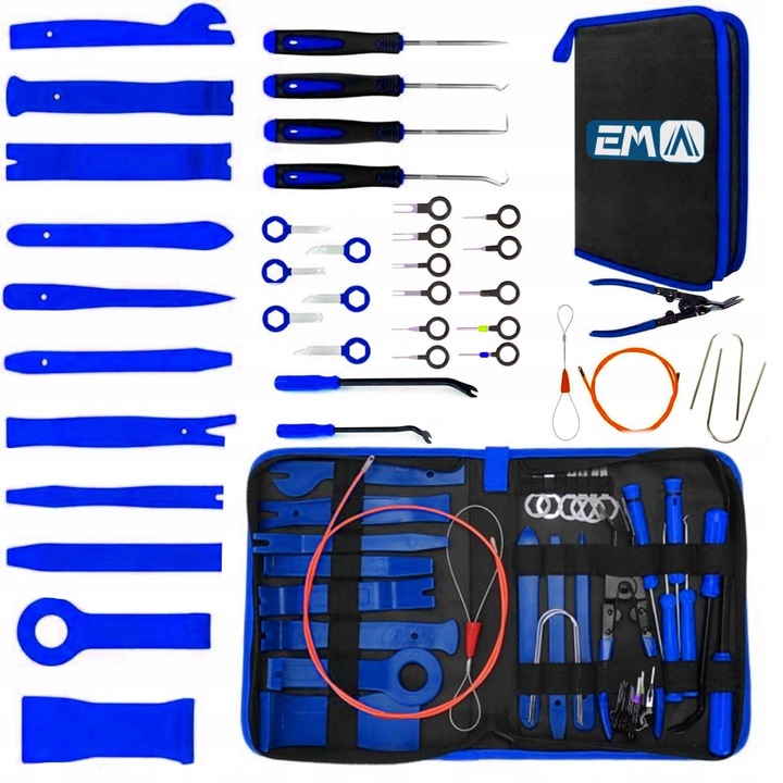 Set de scule pentru demontare tapiterie si panouri auto EM Automotive BCFA9DWXN3TN7P, 39 piese, instrumente din nylon intarit si metal, include cleste pentru spine, chei pini, wyjmaki radio, etui, albastru
