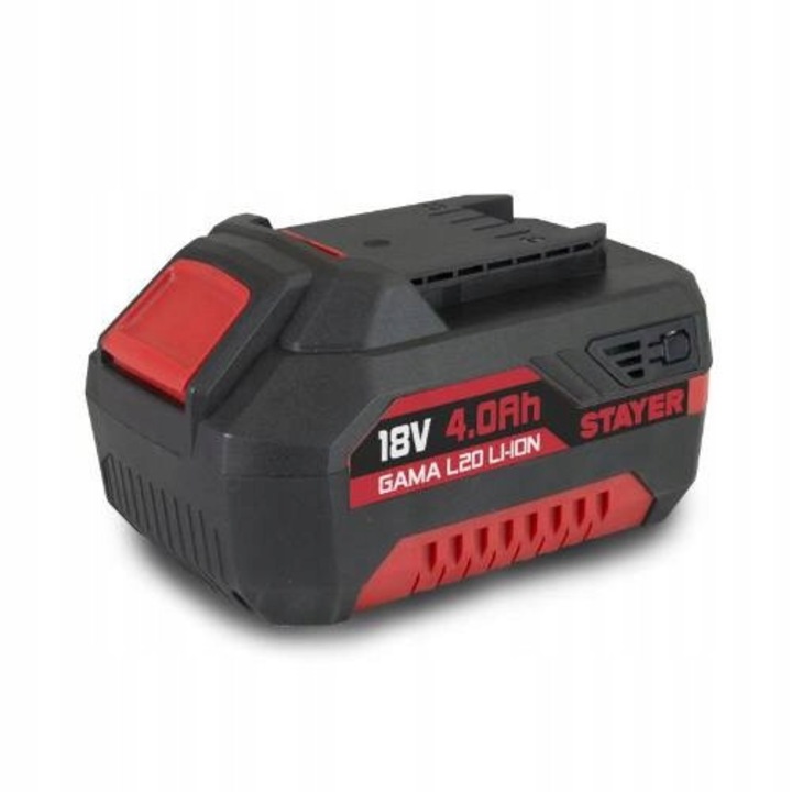 Acumulator Li-Ion Stayer L20 (cod 6OE8OT0EJNPJJH), 18 V, 4,0 Ah, 10 celule 18650, cu indicator de incarcare, negru/rosu
