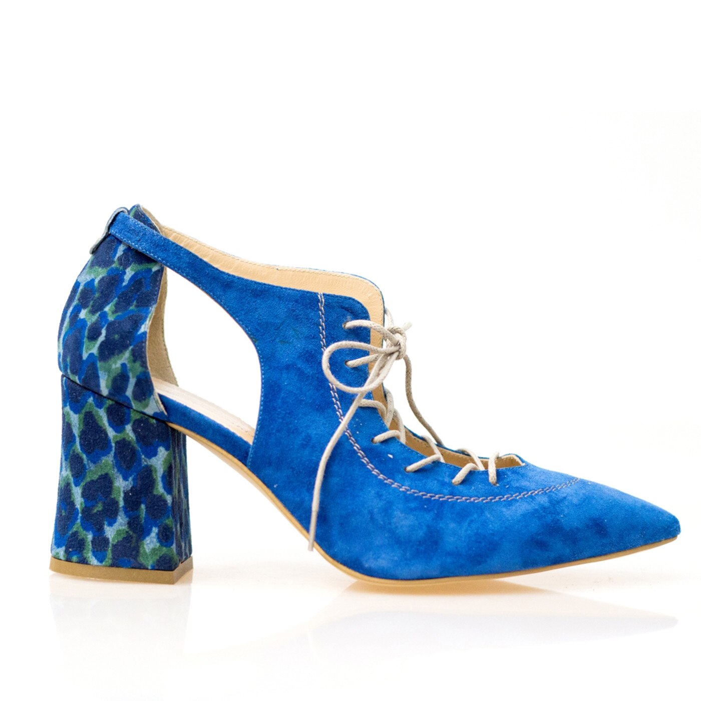 Pantofi dama, Thea Visconti, albastru si presaj leopard, toc 7 cm, Albastru, 40