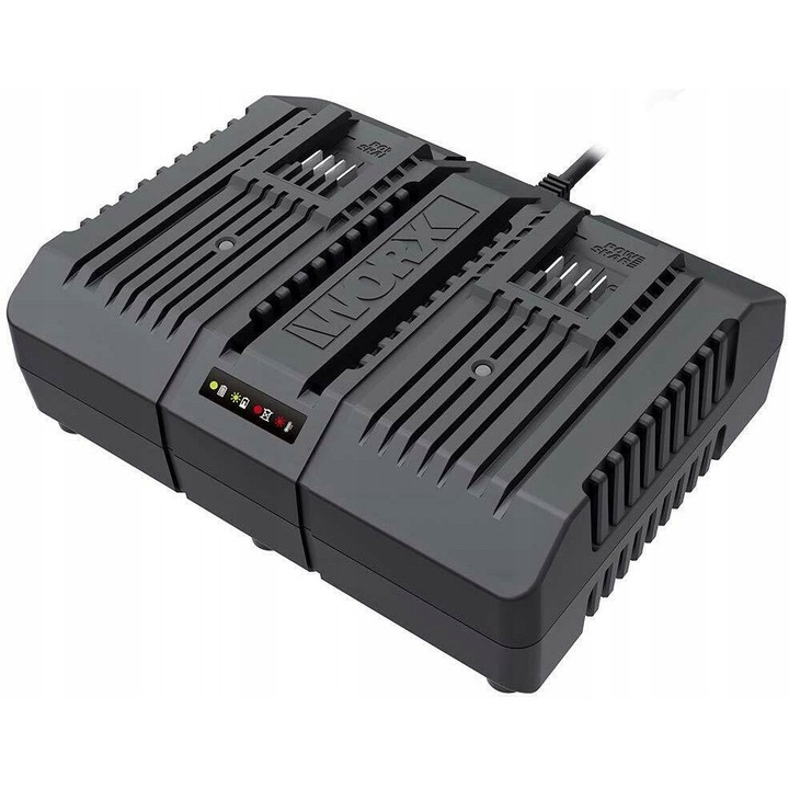 Incarcator dublu Worx WA3883 (AS50S96AQ) PowerShare 20 V, 2 porturi, 4 A, 2 moduri de incarcare, indicator LED, gri inchis