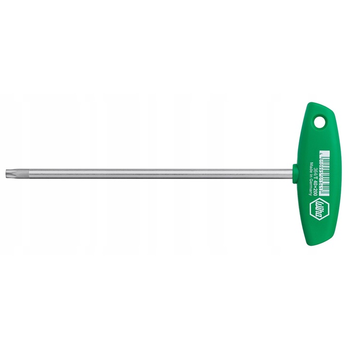 Wiha 364 Torx csavarhúzó T20 x 100, ergonomikus T-nyél, 100 mm-es szár, króm-vanádium acél, ChromTop® hegy, zöld