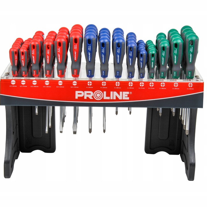 Set de 68 surubelnite Proline RNZ69WR95ACF, varfuri din otel crom-vanadiu, capete magnetice, maner ergonomic bi-material, multicolor, 68 piese