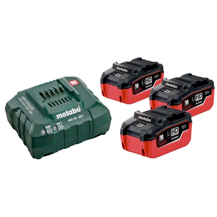 Set acumulatori Metabo LiHD 3 x 18 V 5,5 Ah cu incarcator rapid ASC 145 (AIR COOLED), Multicolor, ZSRWB24SC
