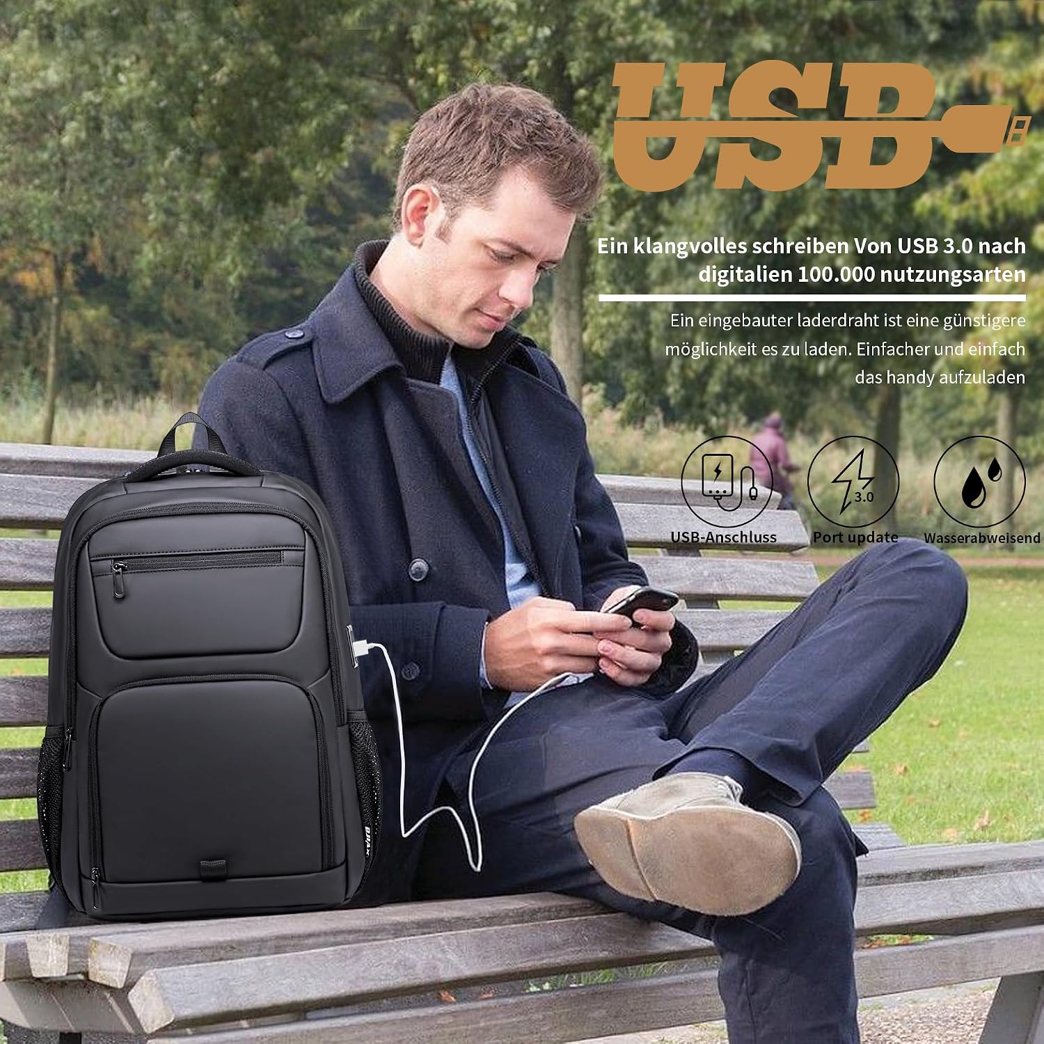 Rucsac Laptop Business 35L Negru, Incarcare USB, Impermeabil, pentru 16 inch