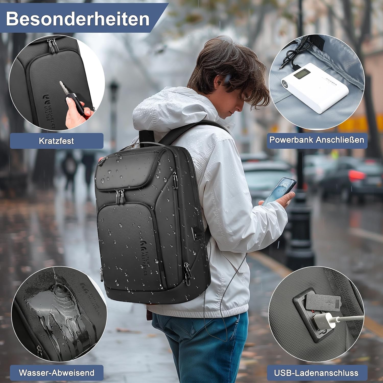 Rucsac Laptop Barbati 30L Impermeabil 17.3" cu Port USB