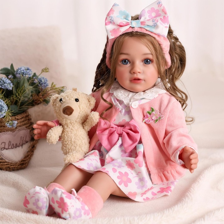 Papusa Reborn Fetita - 50 cm, Ochi Albastri, Par Saten, Haine Accesorii