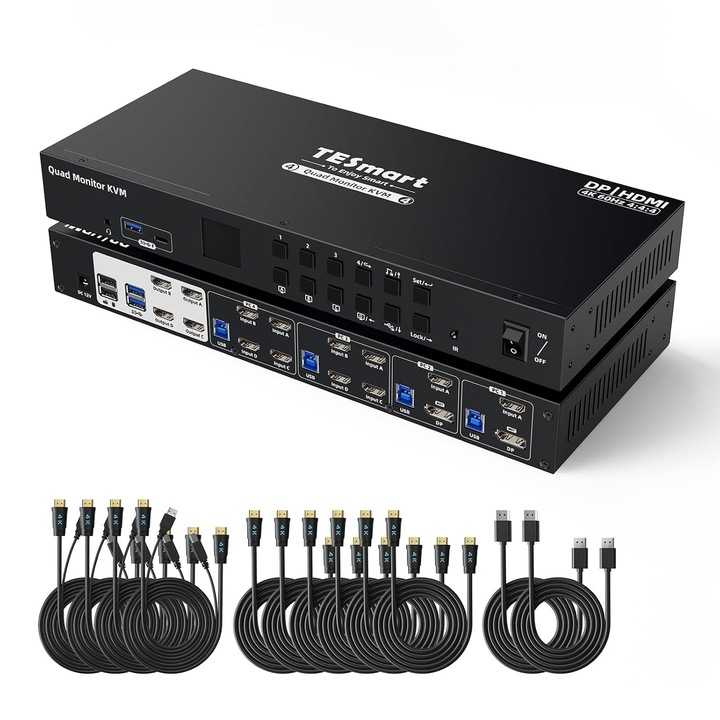TESmart KVM kapcsoló 4 monitorhoz 4K@60Hz, 4 PC-hez, 4x USB 3.0