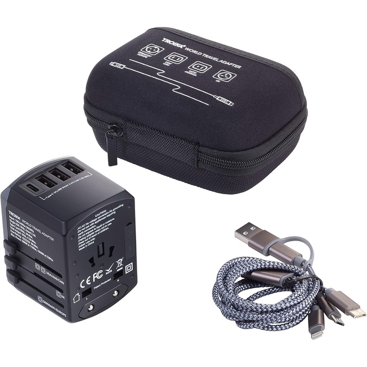 Adaptor Calatorie Universal TROIKA cu Cablu 3-in-1 si Cutie