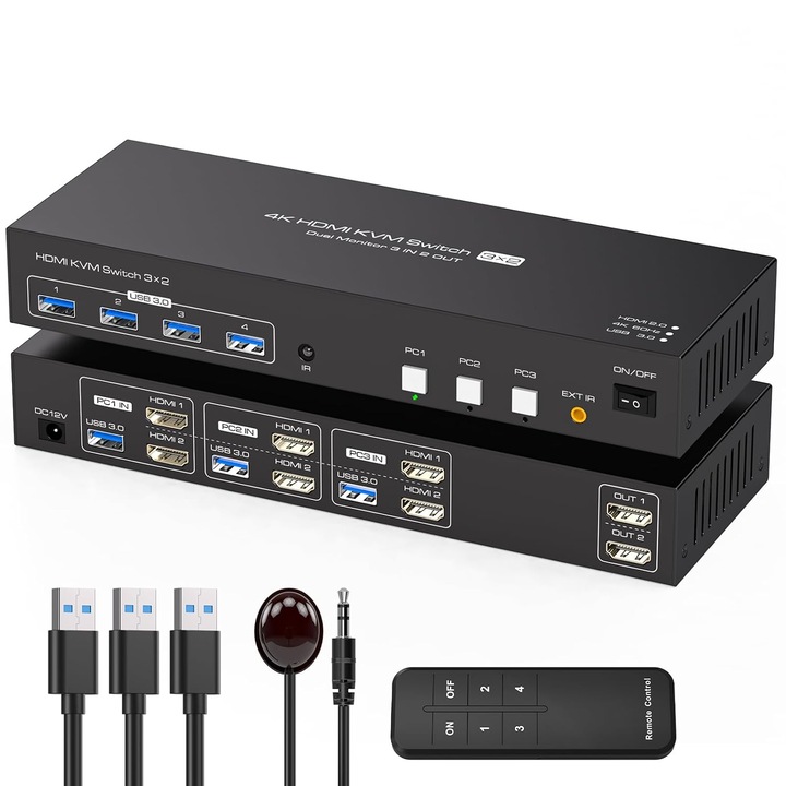 KVM Kapcsoló 3 PC 2 Monitor HDMI 4K60Hz USB 3.0