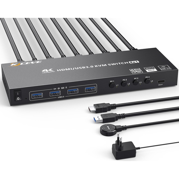 KVM HDMI kapcsoló 4 USB 3.0 porttal 4K@60Hz, 4 PC 1 monitor