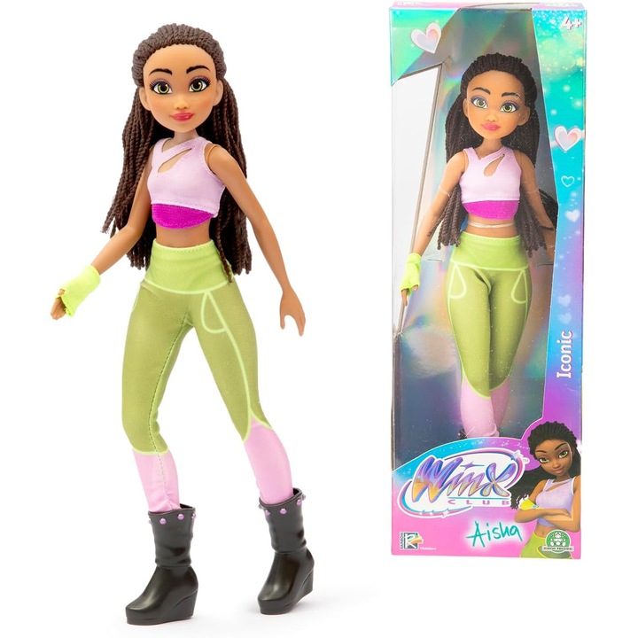 Papusa Winx Aisha Iconic, 27 cm, Articulatii Mobile, Rochie Violeta