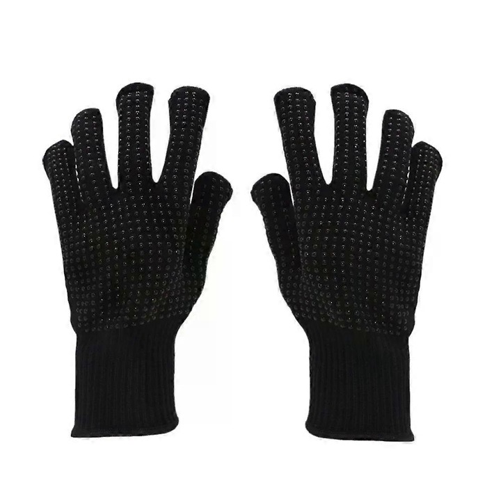 Hőálló grillkesztyű, poliészter és pamut, csúszásgátló szilikon pontokkal, fekete, 24 cm