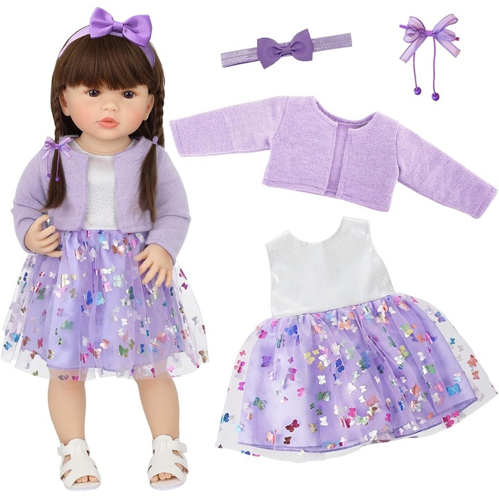 Set Haine Papusa Violet 50-55 cm, Rochie Fluturi si Accesorii