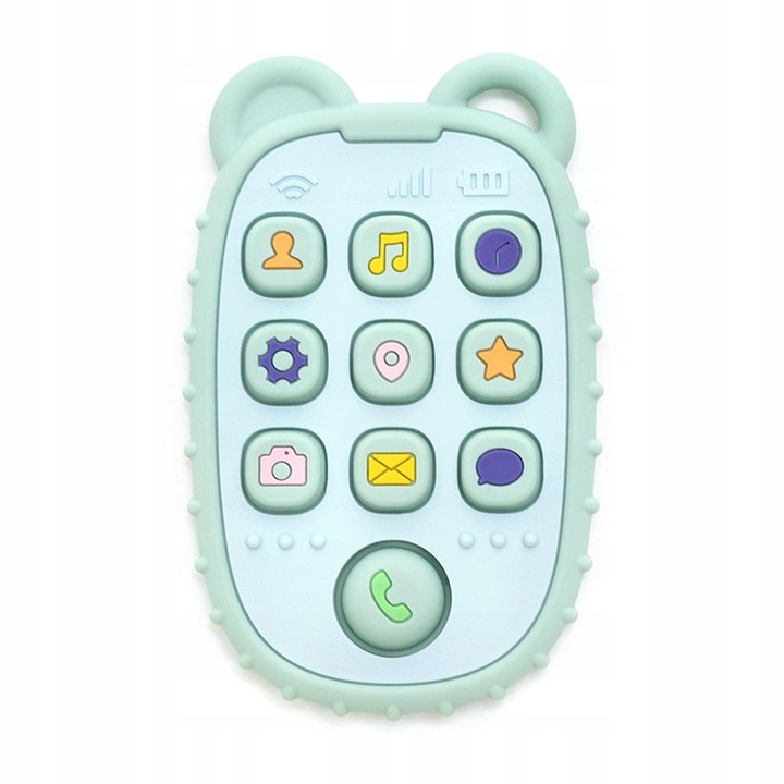 Сензорна силиконова играчка, Gigi Kids, смартфон, 3 месеца+, 49,5 г, зелена, за никнене на зъбки, охлаждаща, може да се мие в съдомиялна машина, без BPA, без PVC, без фталати, без олово, без кадмий